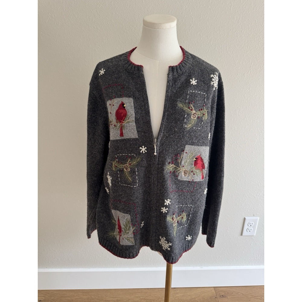 Wool Angora Cardigan Sweater XL Zip Front Embroidered Xmas Cardinal Snowflakes